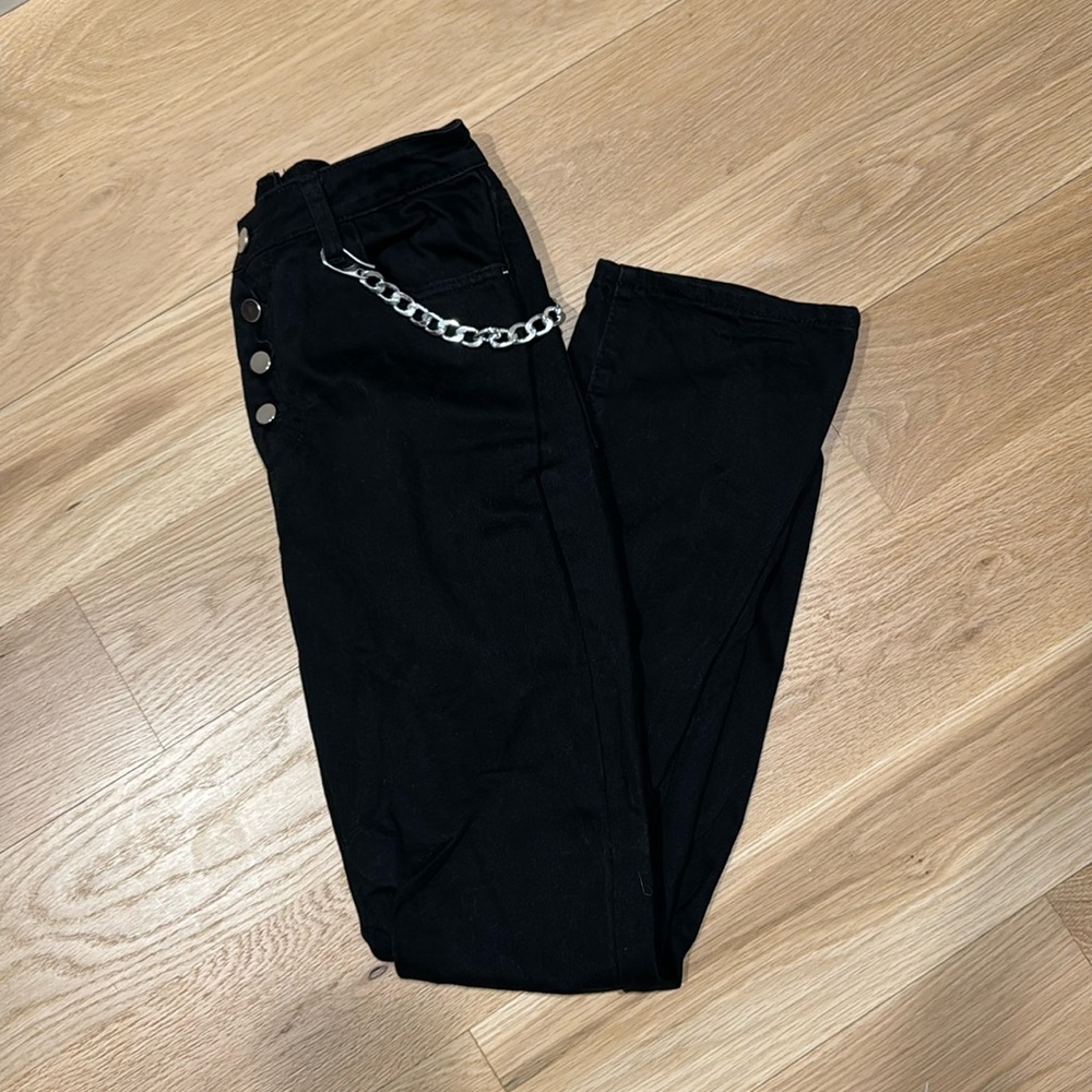 WeWoreWhat Asymmetric High Waisted Boot Leg Black Jean with Removable Chain